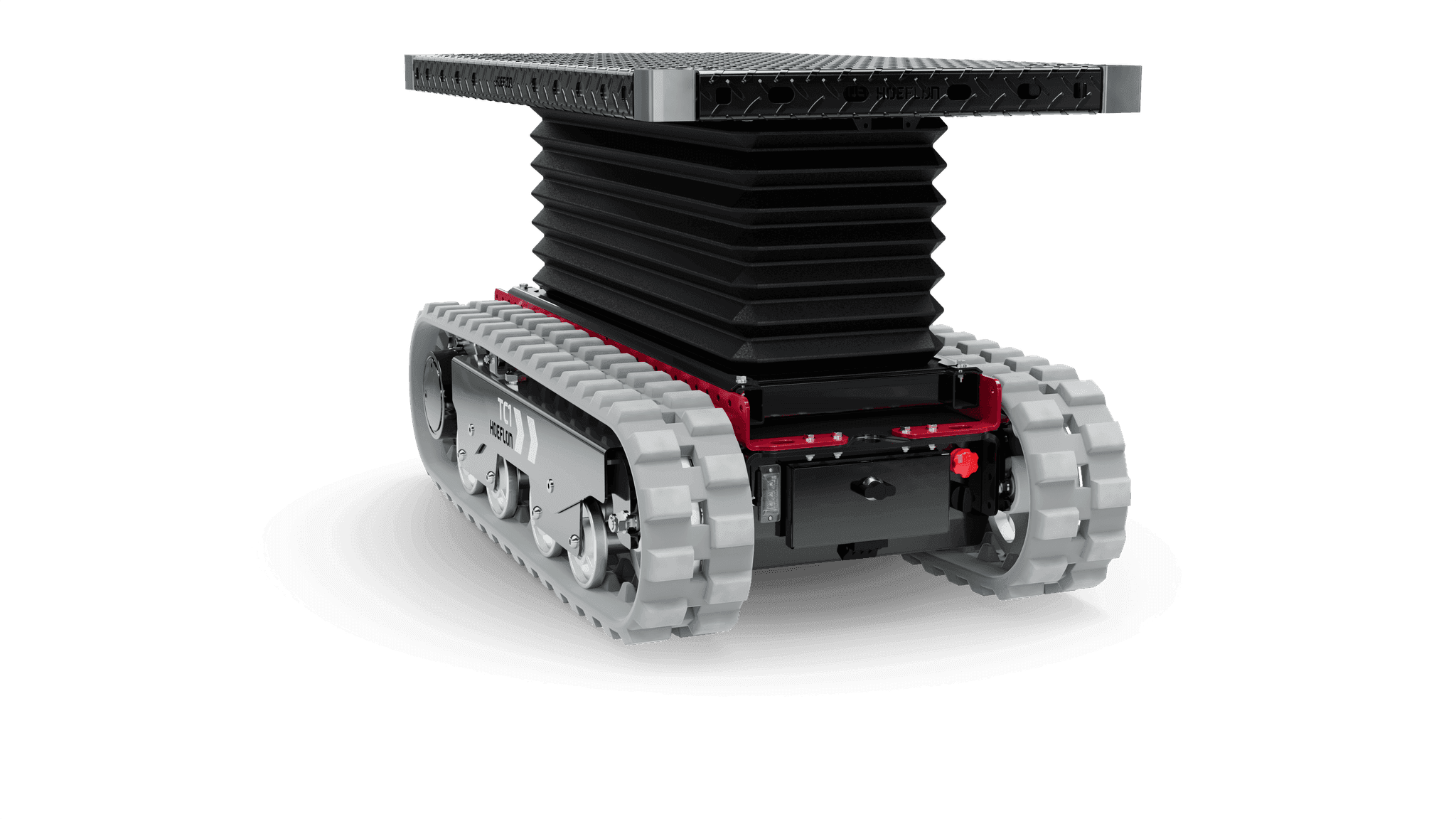 Vehículo con orugas TC1 con plataforma extendida para sistema de elevación.